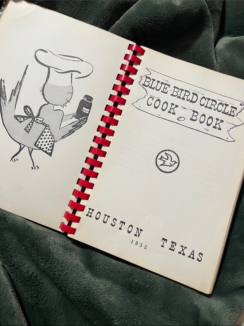 VTG 1952 📕 HOUSTON TEXAS 202-PAGE HARD COVER BLUEBIRD CIRCLE RECIPE COOKBOOK